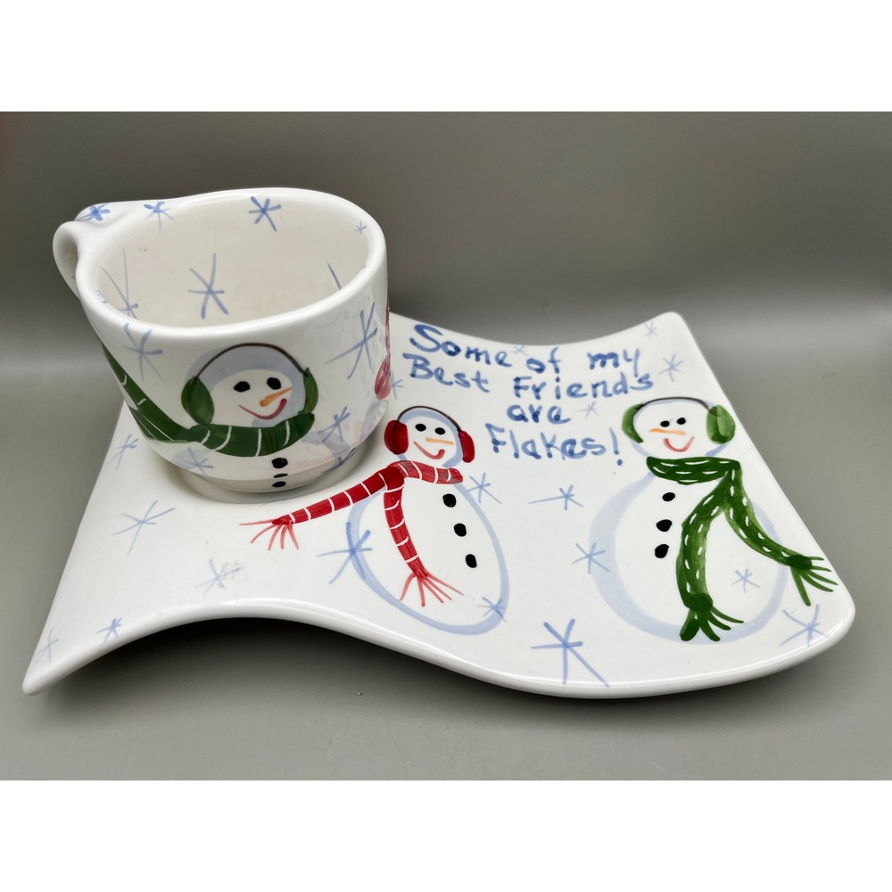 Pugh Hand Painted Snowman Snack Set Mug Tray Flaky Friends Winter Holiday OOAK